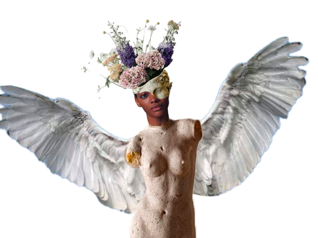 Collage einer antiken Statue mit Engelsflügeln, einem modernen Gesicht und einem Blumenkranz als Kopfschmuck.