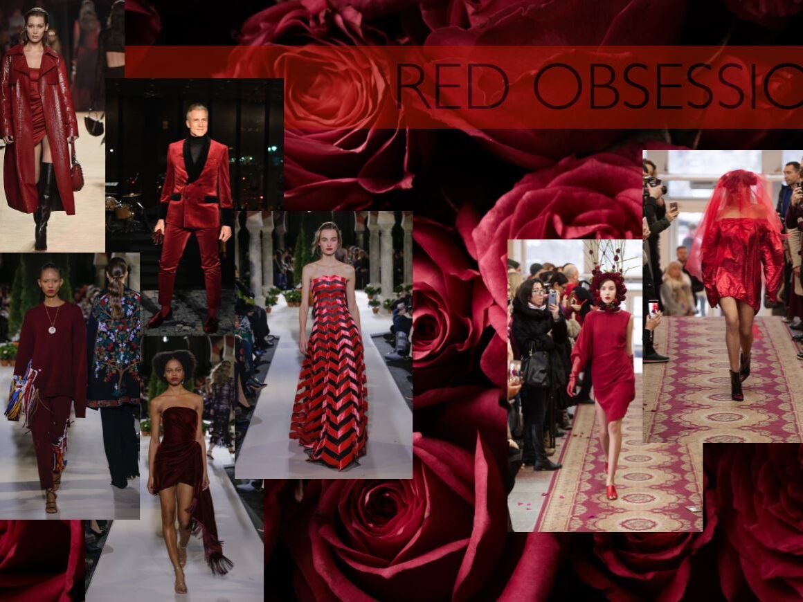 Modecollage unter dem Titel „Red Obsession“ mit Models in verschiedenen roten Outfits, darunter elegante Abendkleider, ein samtener Anzug, ein rotes Minikleid mit Schleier und ein bodenlanges gestreiftes Kleid. Der Hintergrund besteht aus dunkelroten Rose