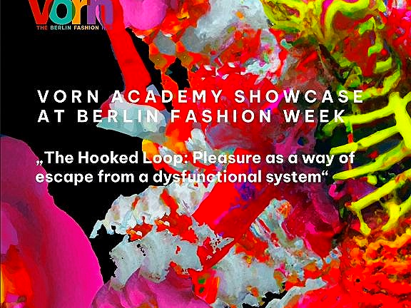 Das Bild zeigt ein farbenfrohes, abstraktes Motiv mit dem Text: **VORN ACADEMY SHOWCASE AT BERLIN FASHION WEEK** „The Hooked Loop: Pleasure as a way of escape from a dysfunctional system“ Oben links steht das Logo von **VORN – The Berlin Fashion Hub**.