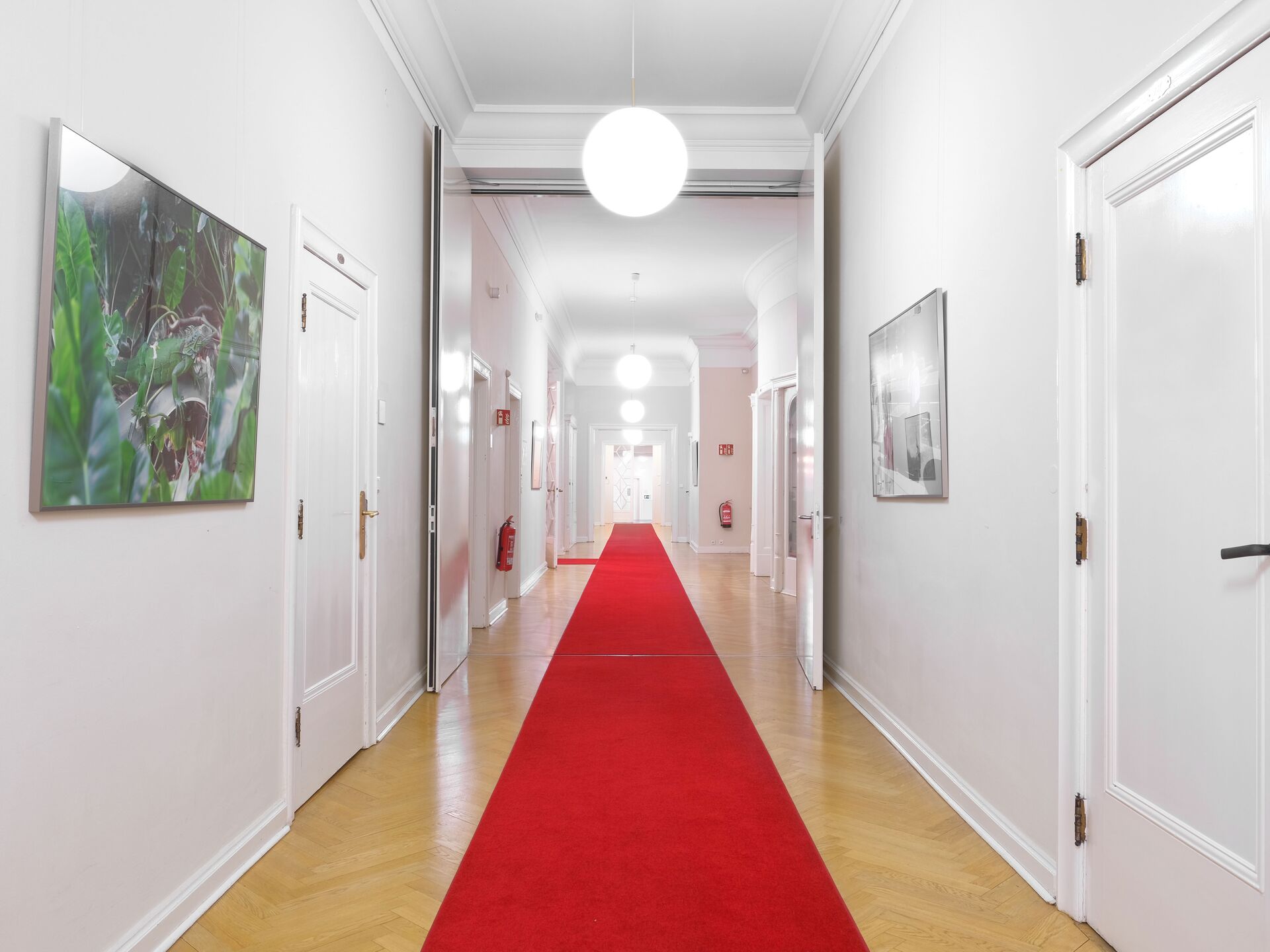 Ein heller Flur mit weißen Wänden, Holzboden und einem langen roten Teppichläufer. An den Wänden hängen Bilder, mehrere weiße Türen führen zu Räumen. Runde Deckenlampen erhellen den Korridor.