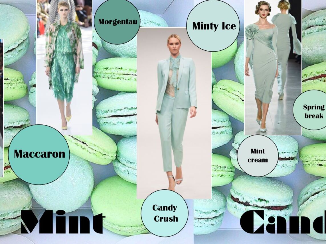 Modecollage mit mintgrünen Farbtönen, im Hintergrund Macarons in Pastellfarben. Drei Models präsentieren Outfits in verschiedenen Mint-Schattierungen, die mit Textlabels wie „Morgentau“, „Minty Ice“, „Spring Break“, „Mint Cream“, „Candy Crush“ und „Macaro
