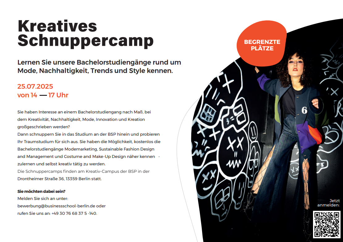 Werbegrafik für ein kreatives Schnuppercamp mit Infos zu Bachelorstudiengängen in Mode, Nachhaltigkeit und Design, daneben ein Foto einer jungen Frau vor Graffiti-Wand.